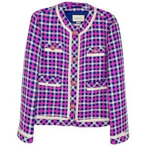 NWT Gucci Women's Macro GG Contrast Trim Tweed Jacket In Pink Size 44